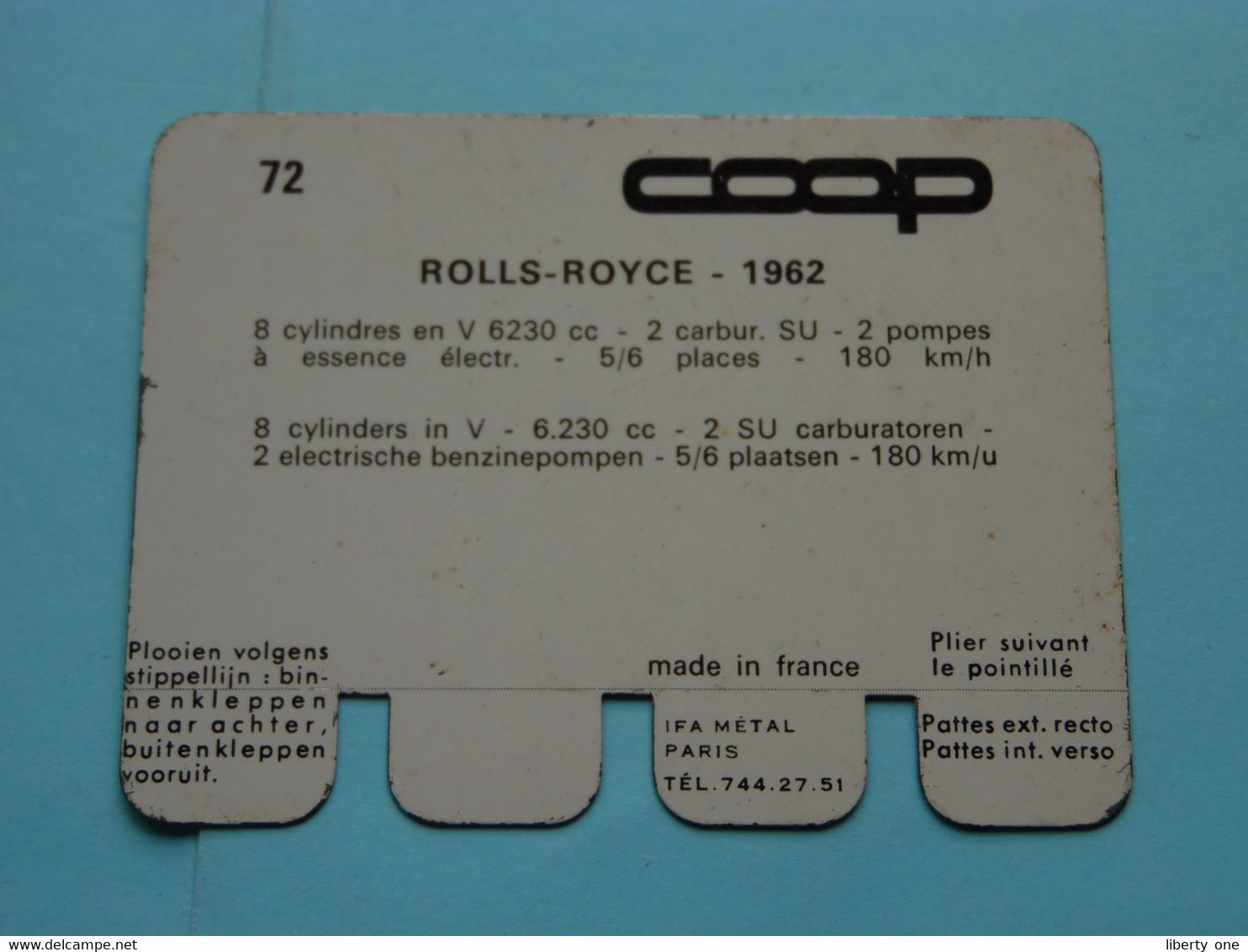 ROLLS-ROYCE - 1962 - Coll. N° 72 NL/FR ( Plaquette C O O P - Voir Photo - IFA Metal Paris ) ! - Plaques En Tôle (après 1960)