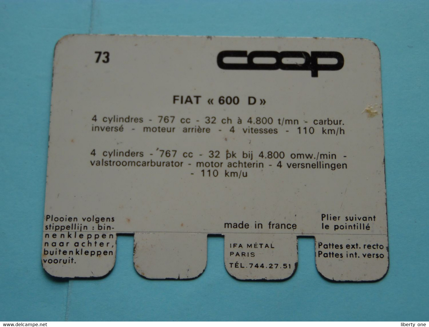 FIAT 600 D - Coll. N° 73 NL/FR ( Plaquette C O O P - Voir Photo - IFA Metal Paris ) ! - Plaques En Tôle (après 1960)