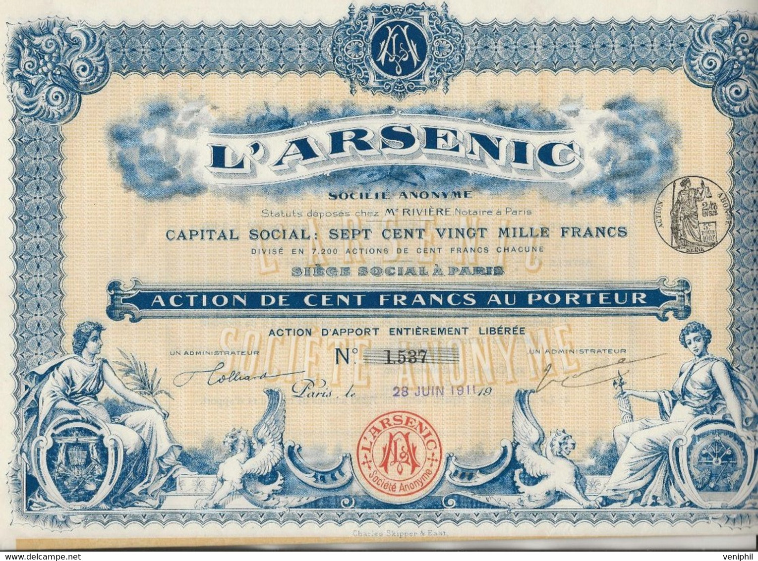 L'ARSENIC - TRES BELLE ACTION ILLUSTREE DE 100 FRS - ANNEE 1911 - Other & Unclassified