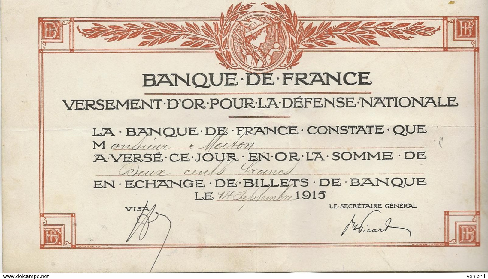 BANQUE DE FRANCE - VERSEMENT D'OR POUR LA DEFENSE NATIONALE - -1916 - Otros & Sin Clasificación