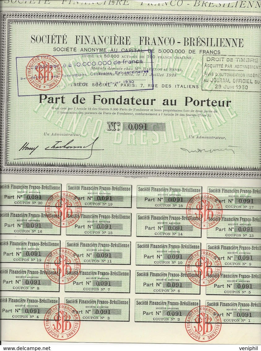 SOCIETE FINANCIERE FRANCO - BRESILIENNE -PART DE FONDATEUR - 1930 - Banque & Assurance