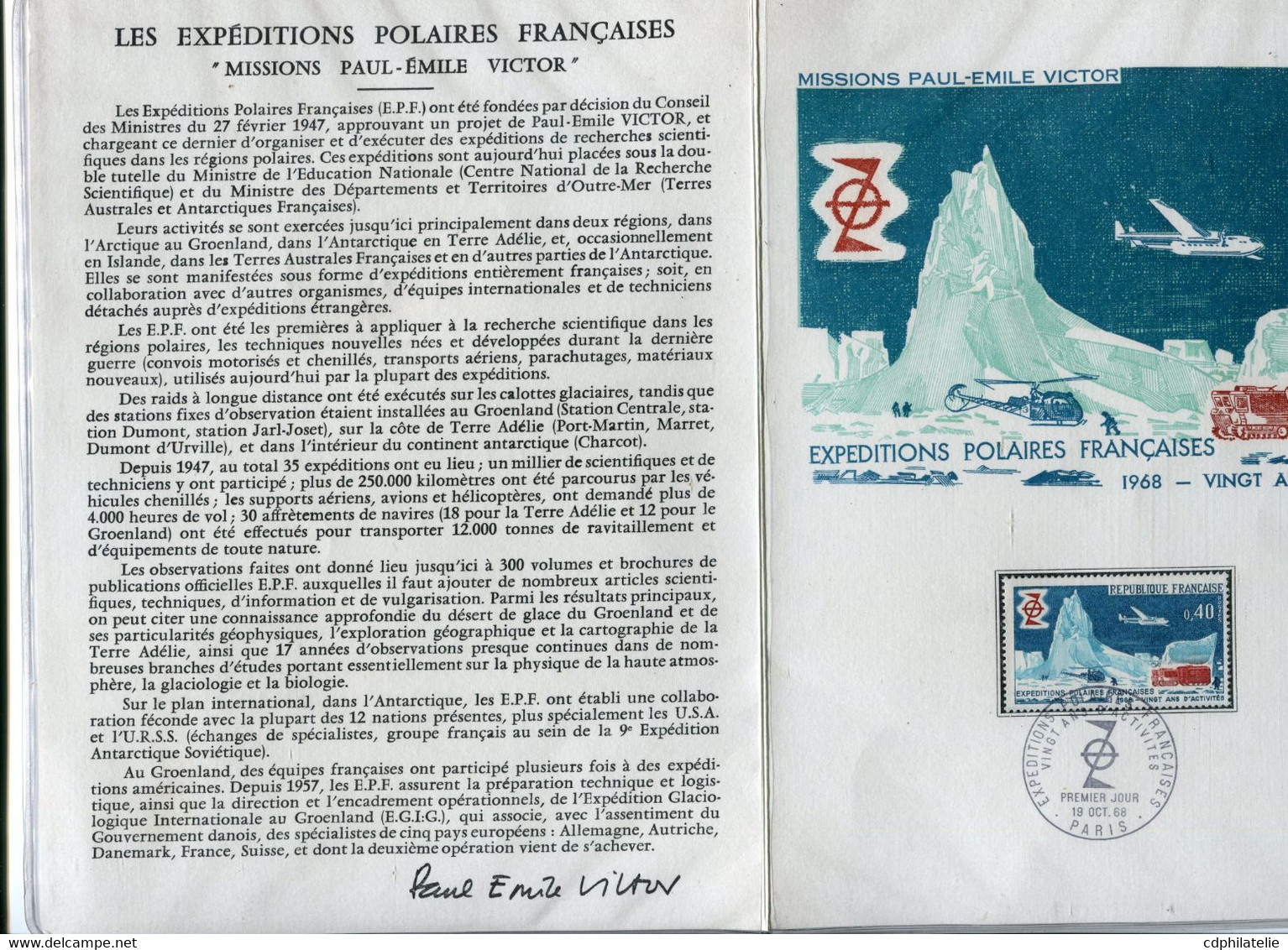 FRANCE DOCUMENT PHILATELIQUE EXPEDITIONS POLAIRES FRANCAISES " MISSIONS PAUL-EMILE VICTOR AVEC SIGNATURE - Polar Explorers & Famous People