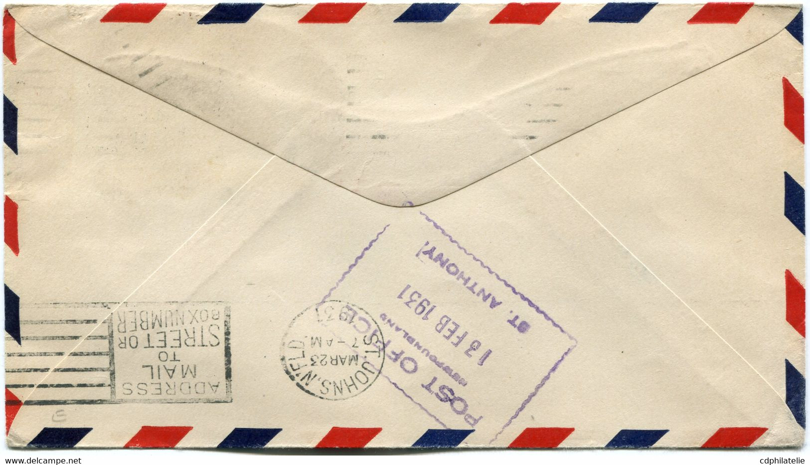 LETTRE PAR AVION AVEC CACHET VIOLET " ST JOHN'S TO ST ANTHONY FIRST FLIGHT INAUGURATIVE AIR MAIL SERVICE JAN 29 1931 ".. - 1908-1947