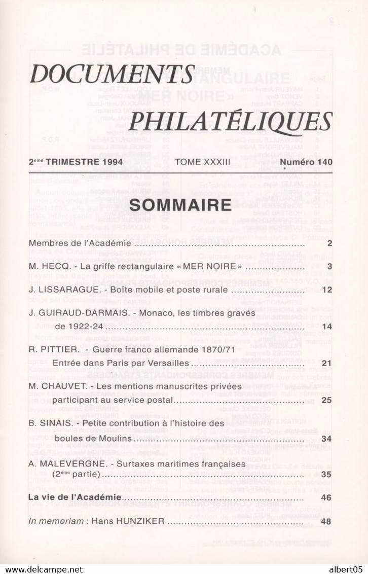 Revue De L'Académie De Philatélie - Documents Philatéliques N° 140 - Avec Sommaire - Filatelie En Postgeschiedenis