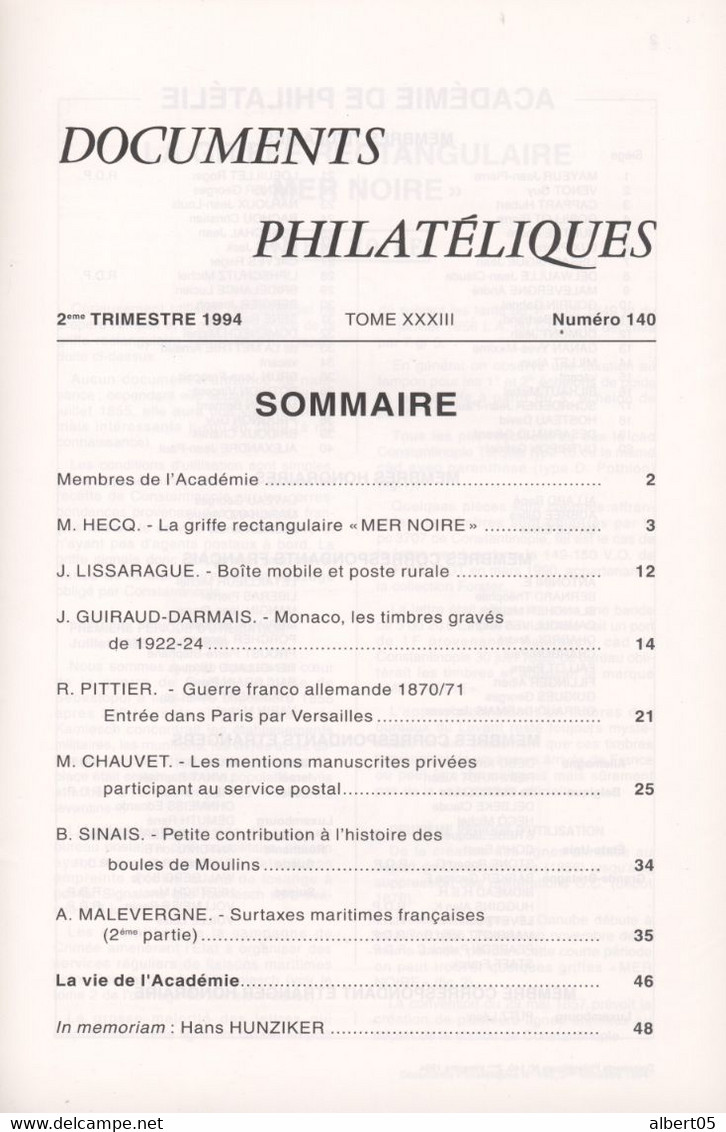 Revue De L'Académie De Philatélie - Documents Philatéliques N° 140 - Avec Sommaire - Philatélie Et Histoire Postale