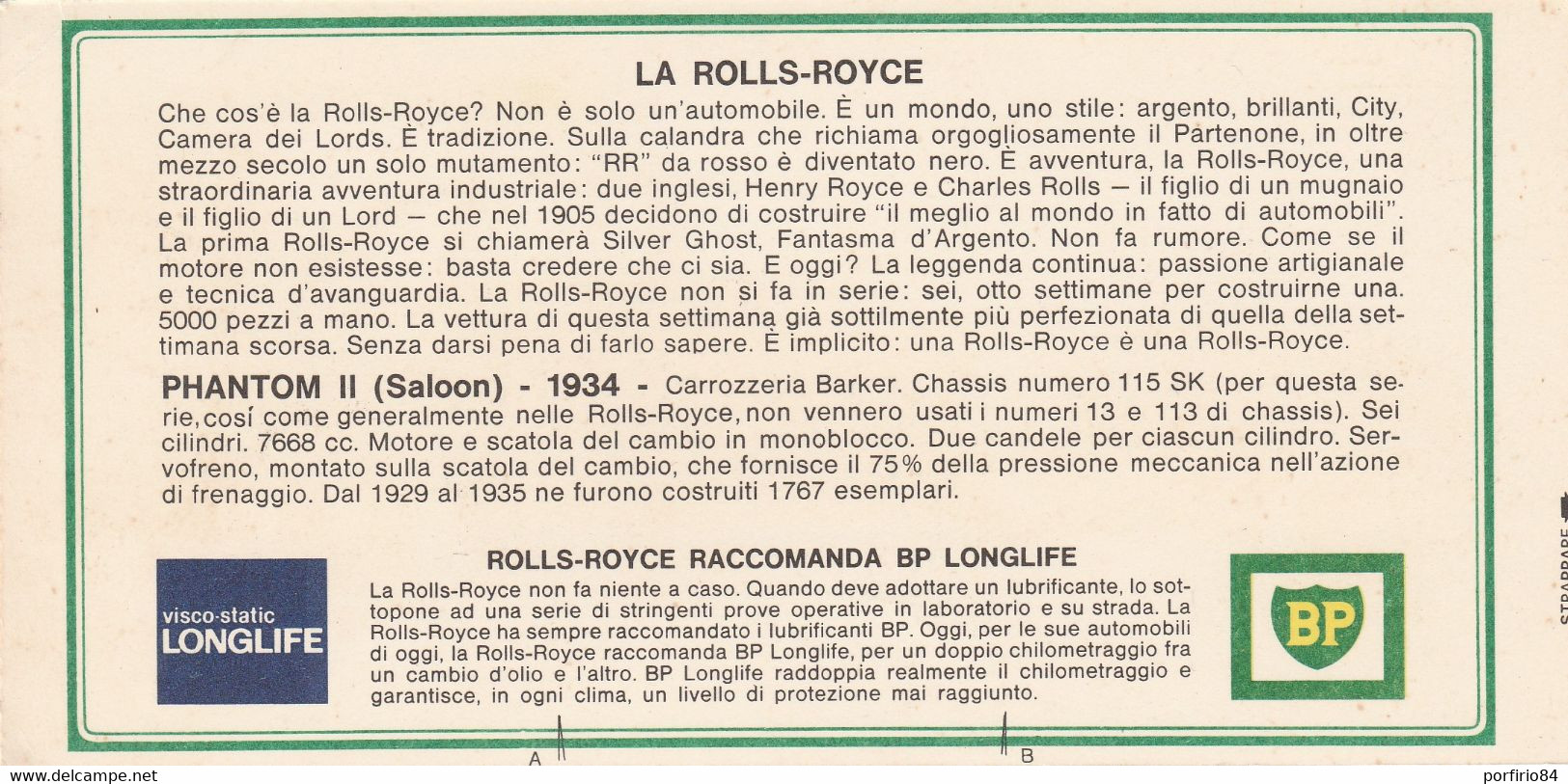 CARTONCINO BP ROLLS-ROYCE PHANTOM II - Automobile - F1