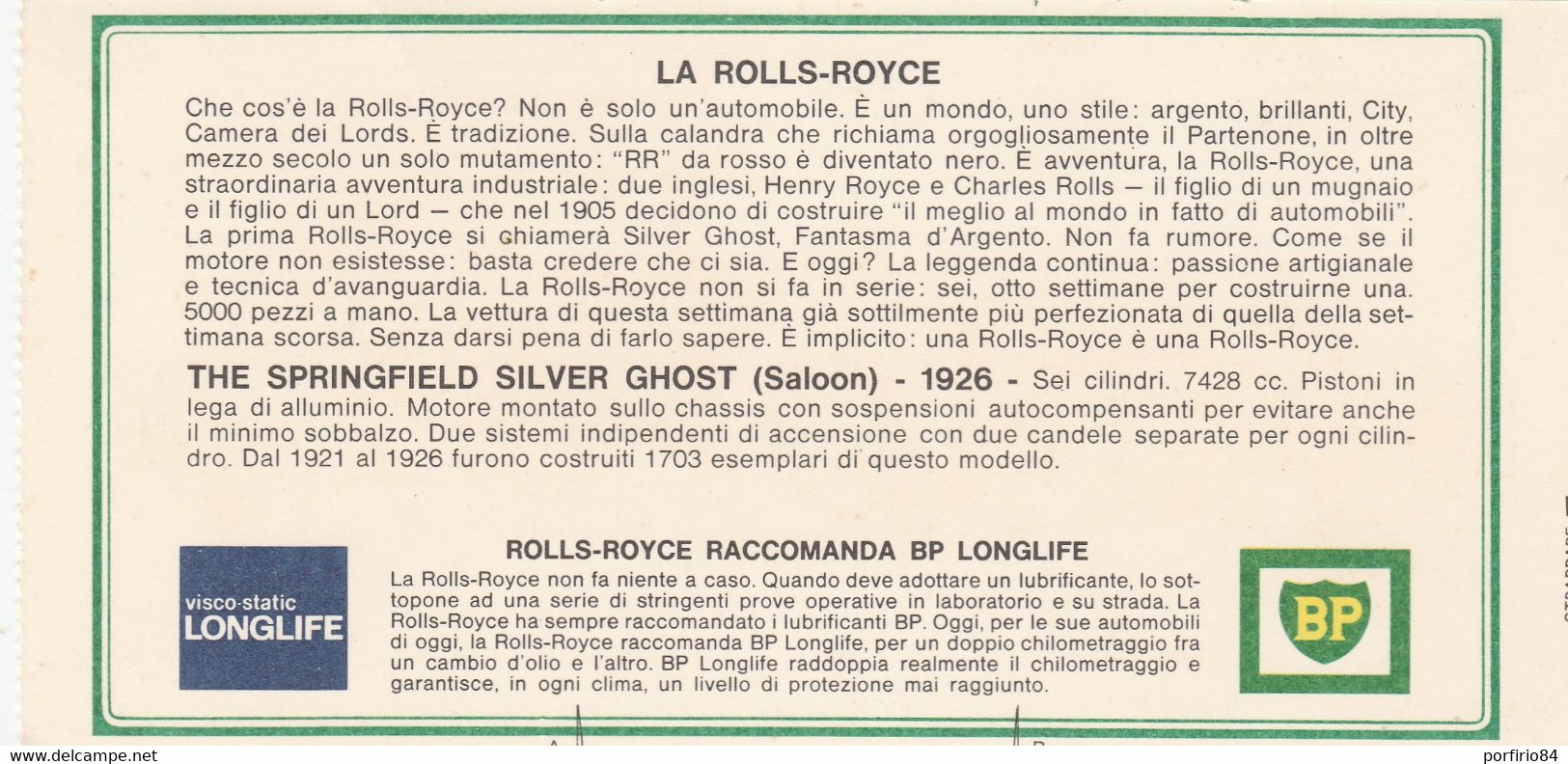 CARTONCINO BP ROLLS-ROYCE SPRINGFIELD SILVER GHOST - Automobile - F1