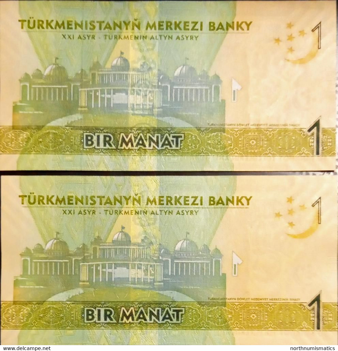 Turkmenistan 1 Manat  Unc 2014 2 Pcs Consecutive Number - Turkménistan