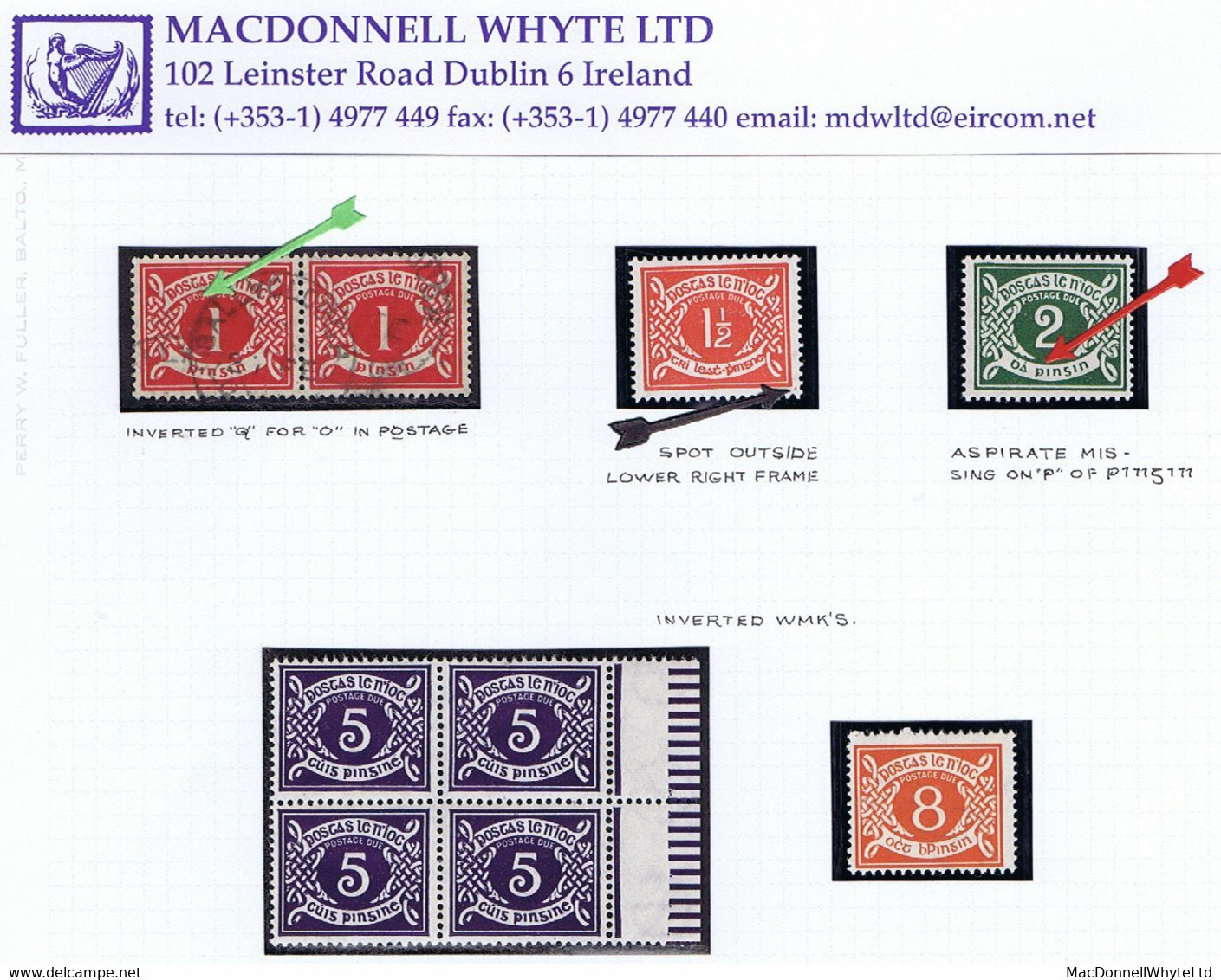Ireland Postage Dues Varieties Inc 1940-69 E 1d Inverted Q, 2d Aspirate Missing, 5d+8d Watermark Inverted - Timbres-taxe