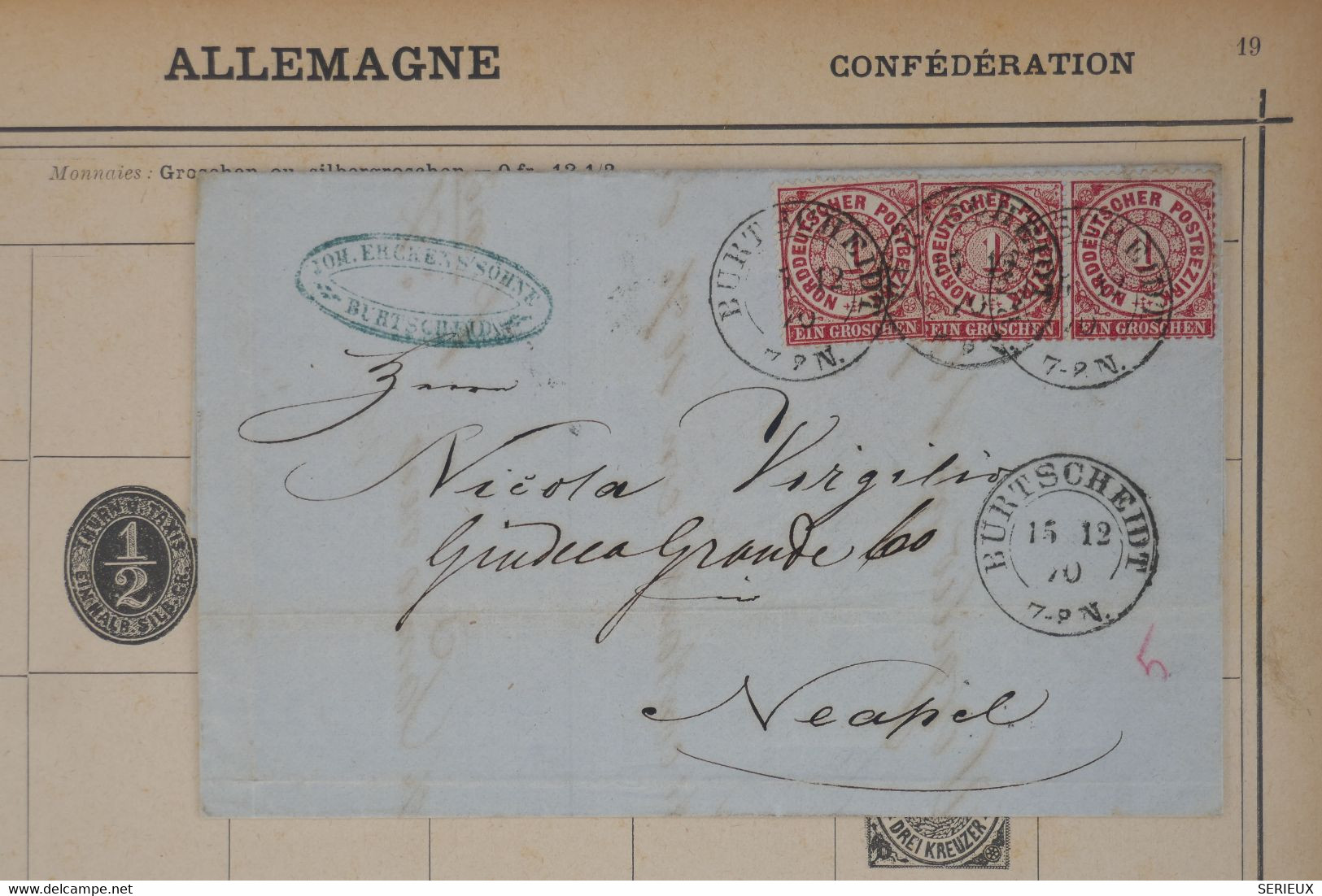 C CONFEDERATION ALLEMAGNE NORD BELLE LETTRE RARE 1870 BURTSCHEIDT  POUR  NAPOLI  ITALIA++ AFFRANCH. PLAISANT - Covers & Documents