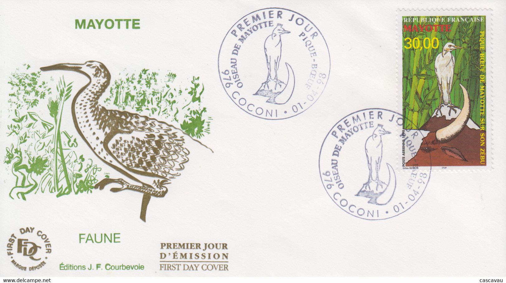 Enveloppe  FDC  1er  Jour    MAYOTTE   Oiseau  :  Le  Pique - Boeuf   1998 - Ooievaars