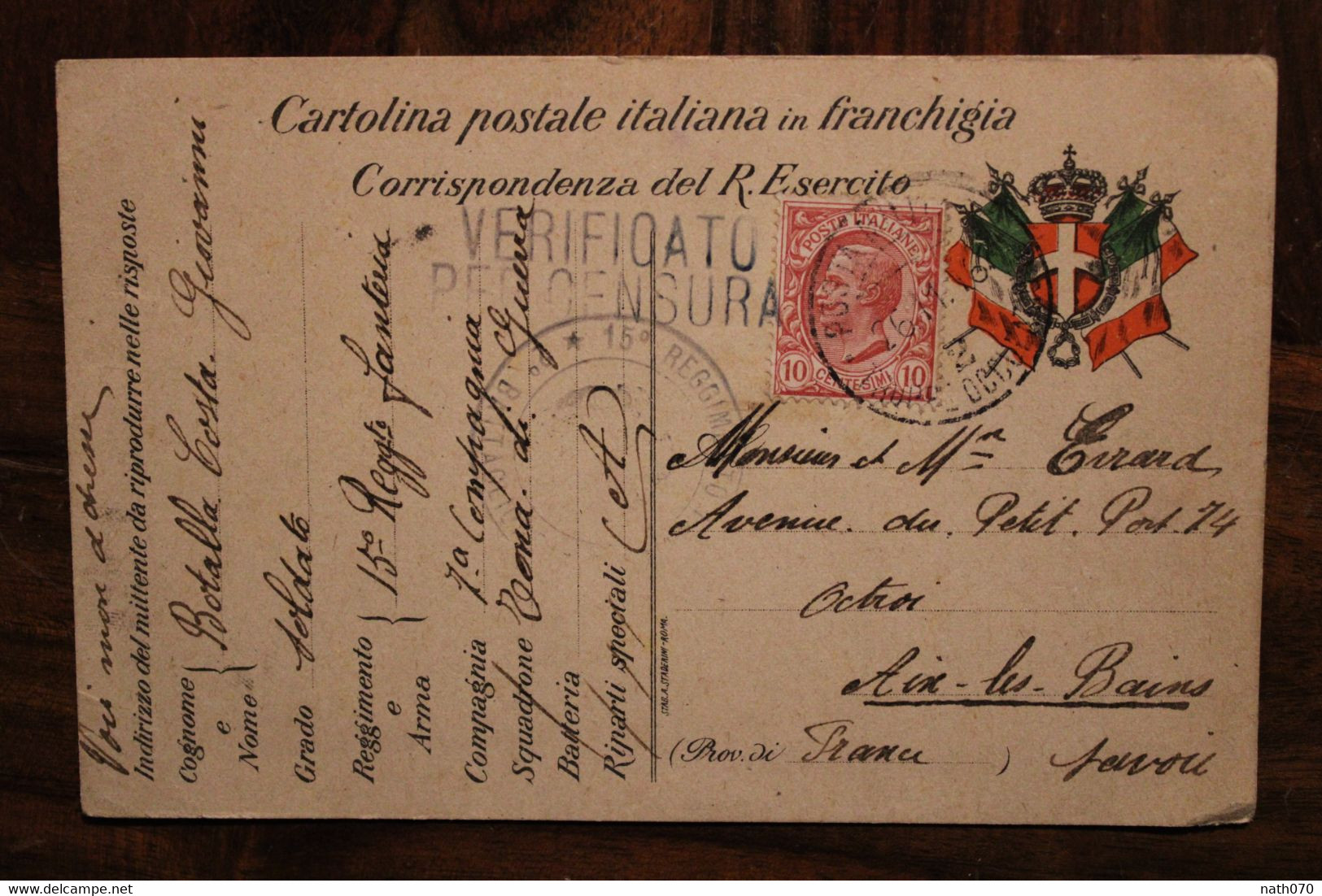 1916 CPA AK Italie Censure Soldat Cover WW1 WK1 Censura 15e Reggimento Fanteria Aix Les Bains - Correo Militar (PM)