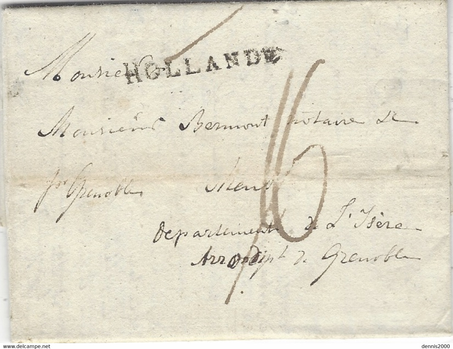 1807- Lettre De FLINES - Belgique  Pour Grenoble ( Isère ) Sans Marque De Départ , Seul " HOLLANDE " 35 Mm Noir - - 1794-1814 (Période Française)