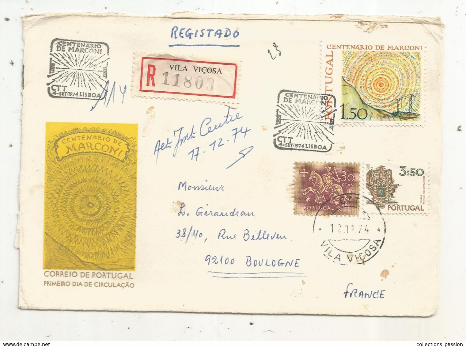 Lettre Partielle , Portugal, CTT Villa Vicosa , Recommandé R 11803, Centenario De Marconi, 1974 - Franking Machines (EMA)