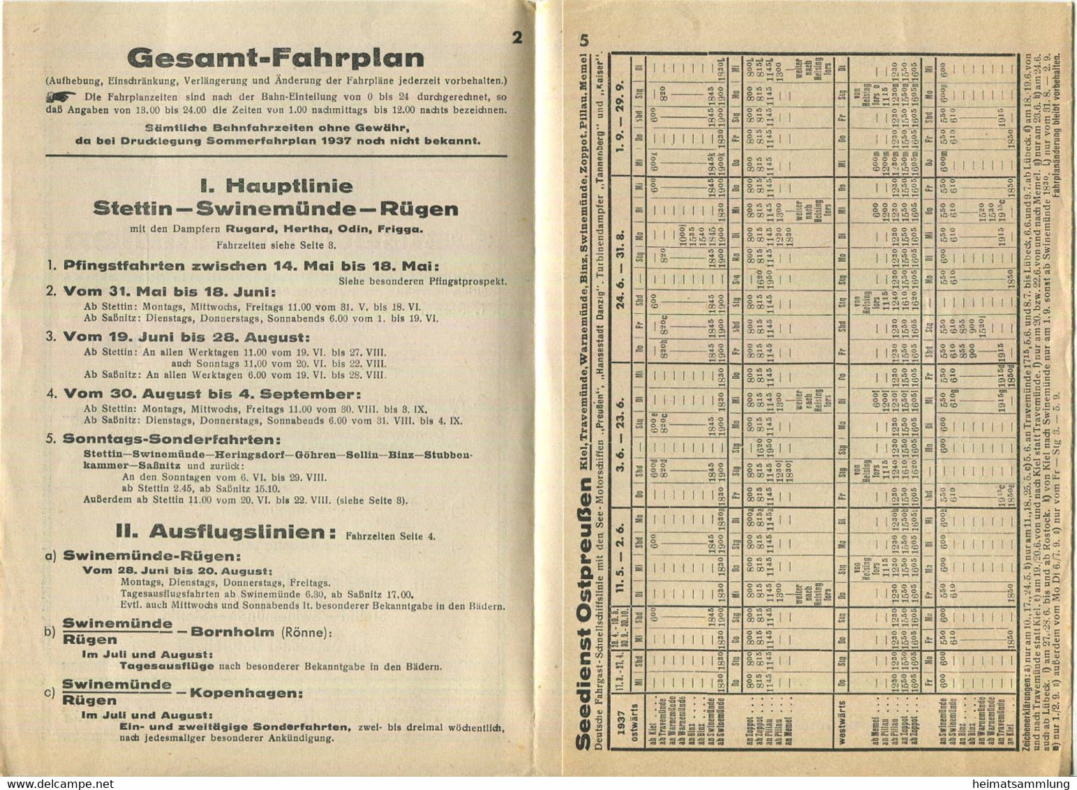 Deutschland - Fahrplan Der Ostseebäderlinien 1937 - Stettiner Dampschiffs-Gesellschaft J. F. Braeunlich GmbH - Swinemünd - Europa