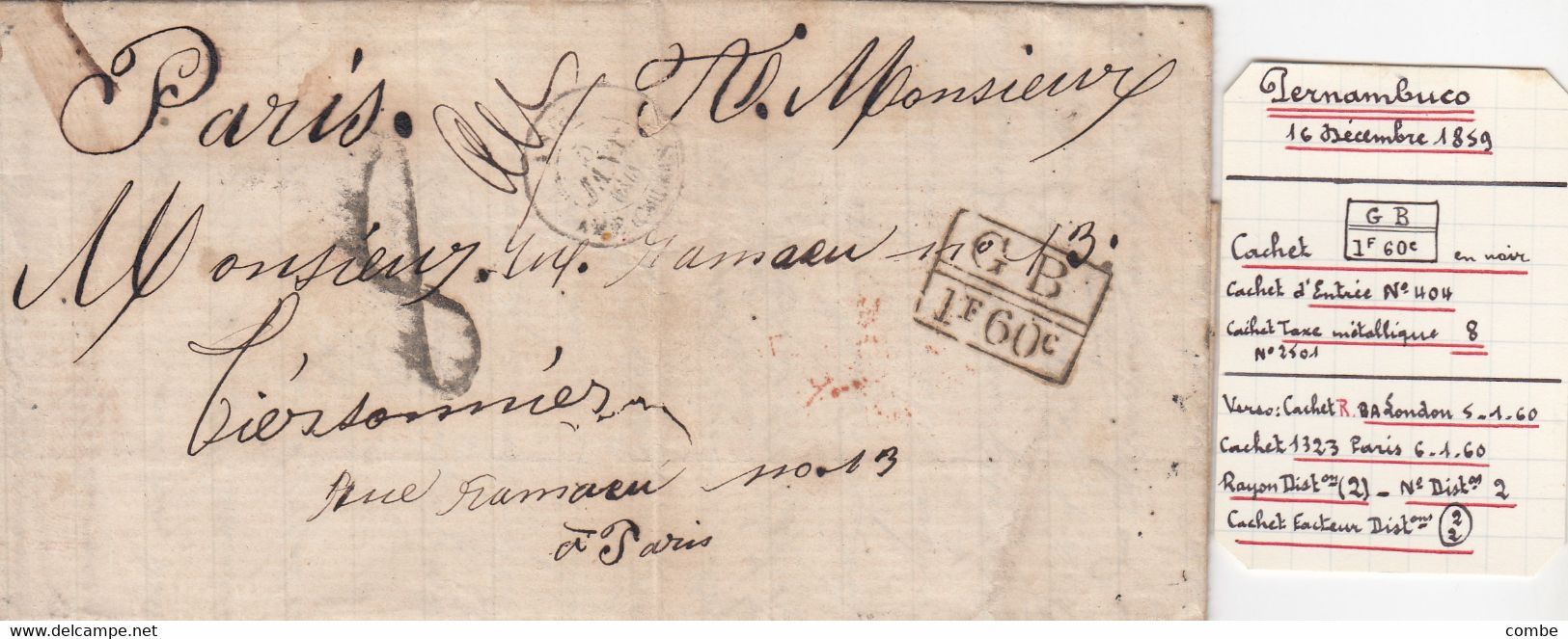 LETTRE BRESIL. PERMAMBUCO. 6 DEC 1859. GB/1F60c. POUR PARIS PAR LONDRES. TAXE 8 - Prefilatelia