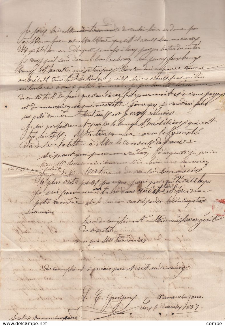 LETTRE BRESIL. PERMAMBUCO. 6 DEC 1859. GB/1F60c. POUR PARIS PAR LONDRES. TAXE 8 - Préphilatélie