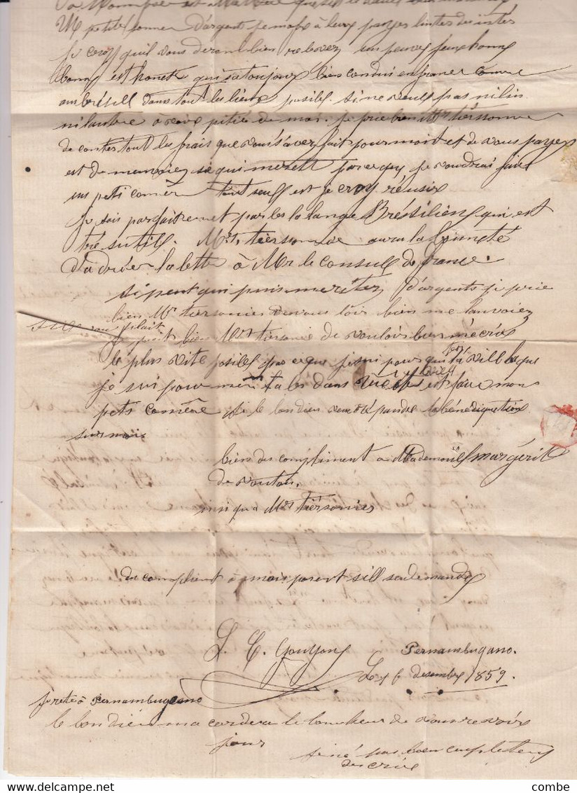 LETTRE BRESIL. PERMAMBUCO. 6 DEC 1859. GB/1F60c. POUR PARIS PAR LONDRES. TAXE 8 - Préphilatélie