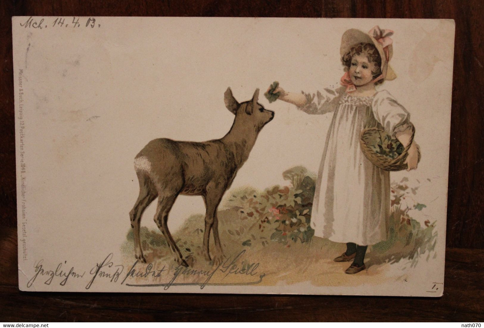 CPA Ak 1903 Illustrateur Postcard Animée Litho Biche Faon Enfant Fleurs Kunst Nature München Kind - Sonstige & Ohne Zuordnung