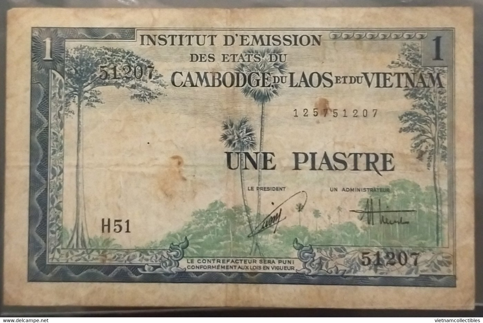 French Indochine Indochina Vietnam Viet Nam Laos Cambodia 1 Piastre VF Banknote Note 1954 - Pick# 105 / 2 Photo - Indochina