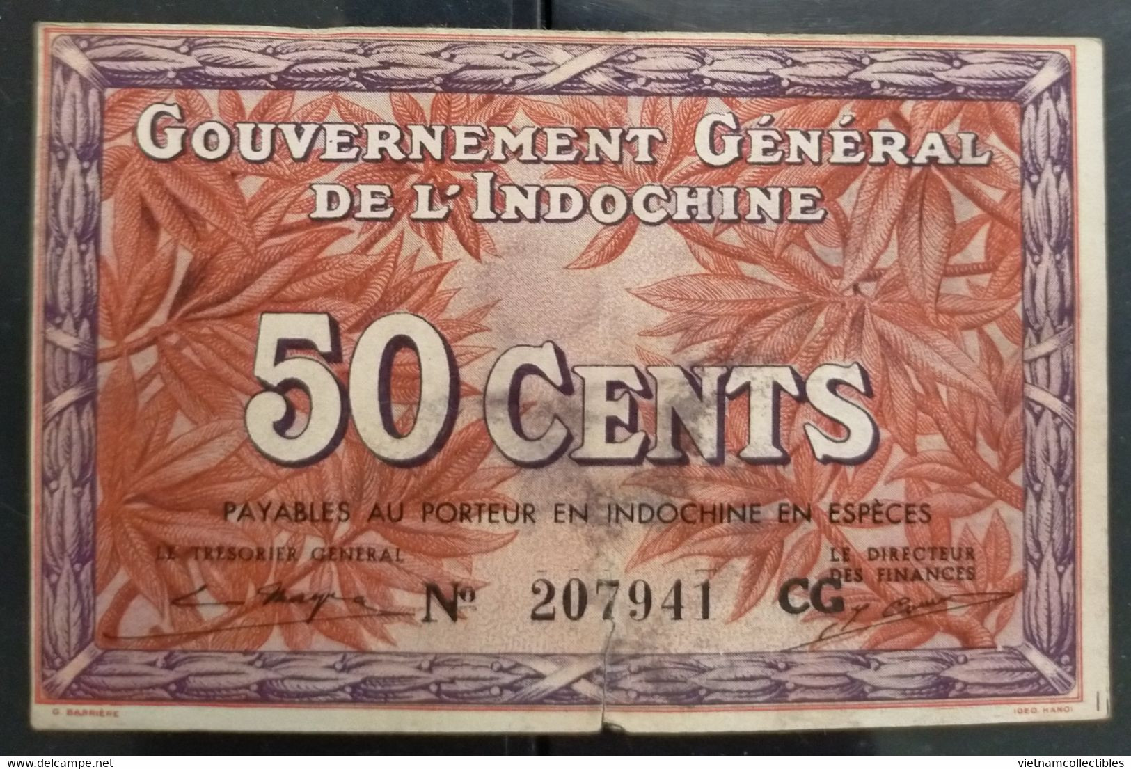 French Indochine Indochina Vietnam Viet Nam Laos Cambodia 50 Cents VF Banknote Note 1939 - Pick # 87e / 2 Photos - Indochina