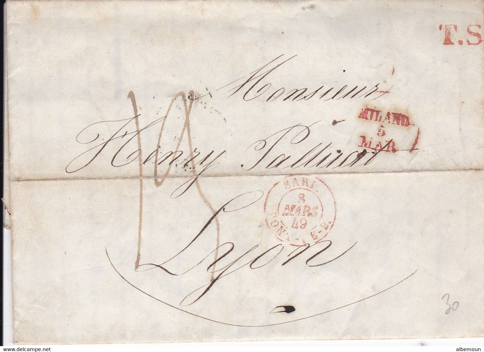 LSC 1857 Royaume De Sardaigne Milan Pour Lyon Marque D'entrée Rouge - 1801-1848: Precursors XIX