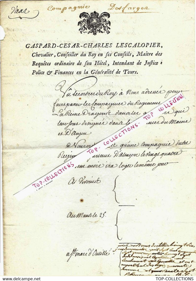 1757 ANCIEN REGIME Louis XV TOURS TOURAINE REGIMENT DE LA REINE DRAGONS MILITARIA LESCALOPIER 1757 - Documents Historiques