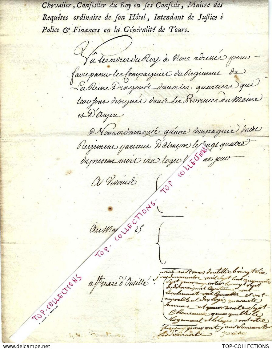 1757 ANCIEN REGIME Louis XV TOURS TOURAINE REGIMENT DE LA REINE DRAGONS MILITARIA LESCALOPIER 1757 - Historische Documenten