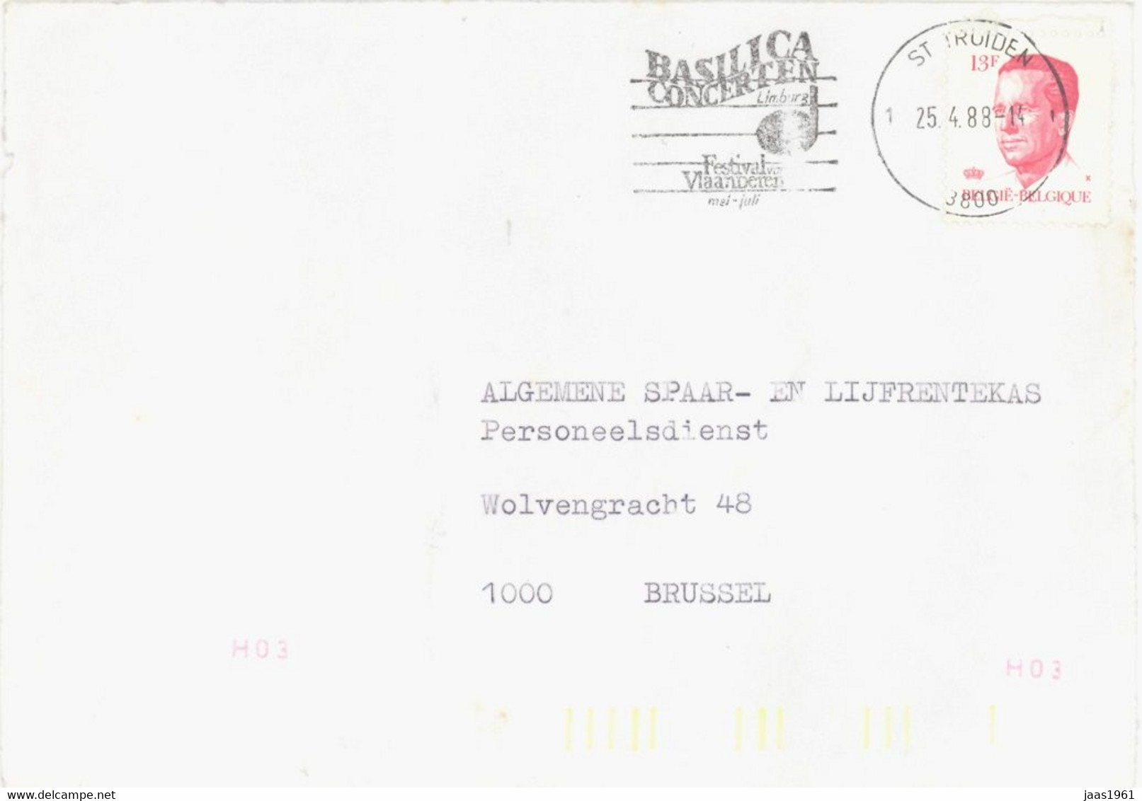 BELGIUM. POSTMARK. ST. TRUIDEN. MUSIC. 1988 - Andere & Zonder Classificatie