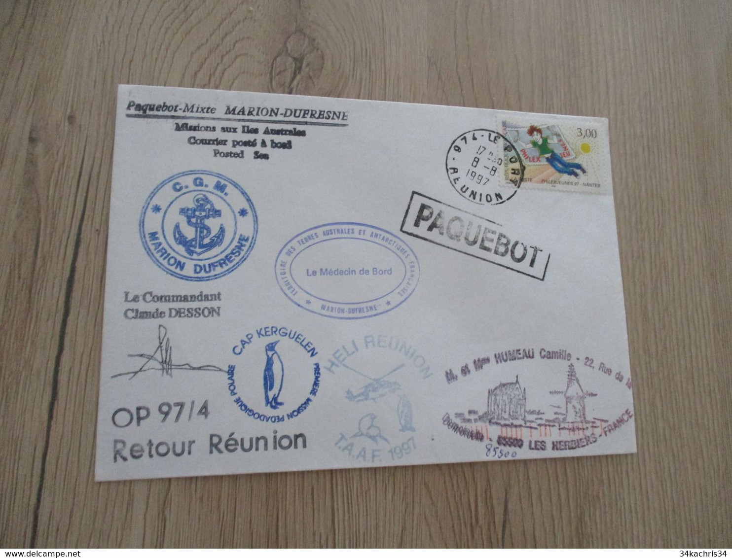 TAAF Terres Australes Lettre Affranchie à Bord Avec TP France Paquebot Dufresne Pour La Réunion 1997 - Covers & Documents