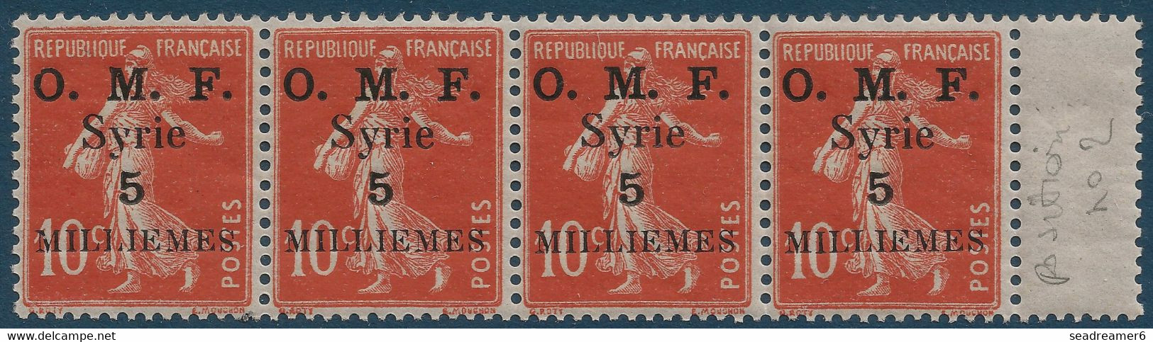 France Colonies Syrie N°28d** Bande De 4 Avec Variété S De Milièmes Renversé Tenant à Normal (case 2)  Signé SCHELLER - Neufs