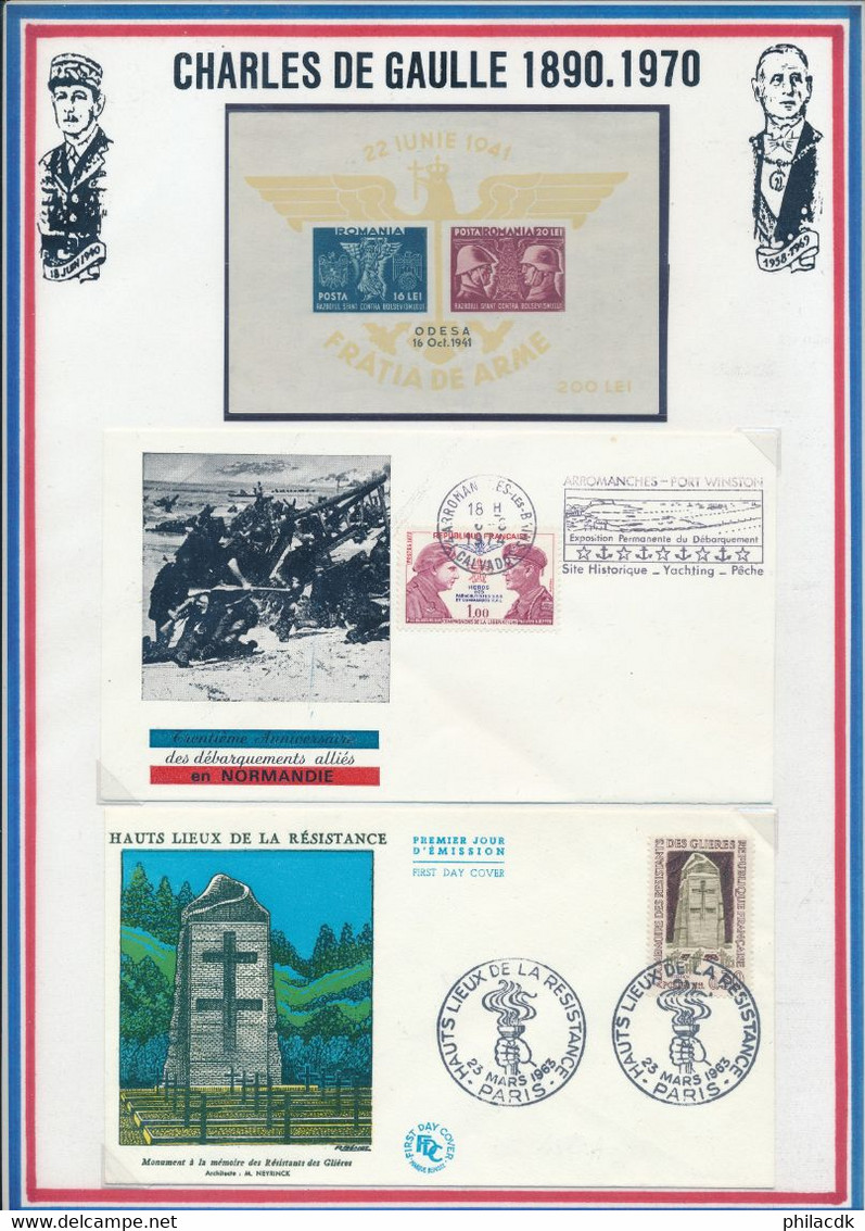 BELLE COLLECTION SUR 34 PAGES DE PRESENTATION SECONDE GUERRE MONDIALE POUR ETUDE AVEC TIMBRES BLOCS DOCUMENTS