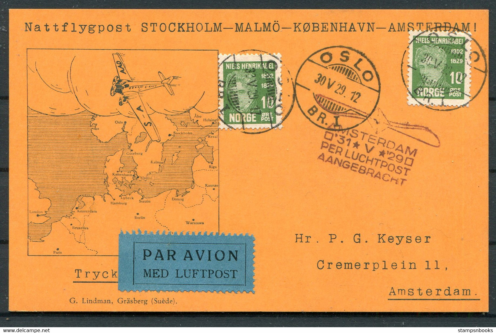 1929 Norway Oslo - (Stockholm - Malmo - Copenhagen) - Amsterdam Netherlands Night Flight Postcard - Storia Postale