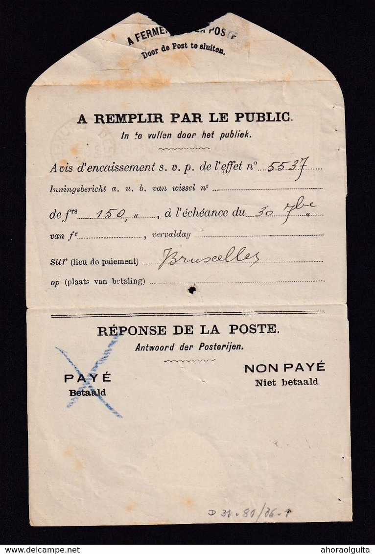 DDBB 396 - Avis D' Encaissement TP 74 Annulé Roulette - BRUXELLES 1909 Vers E. Versé Van Roye à BXL - Post Office Leaflets