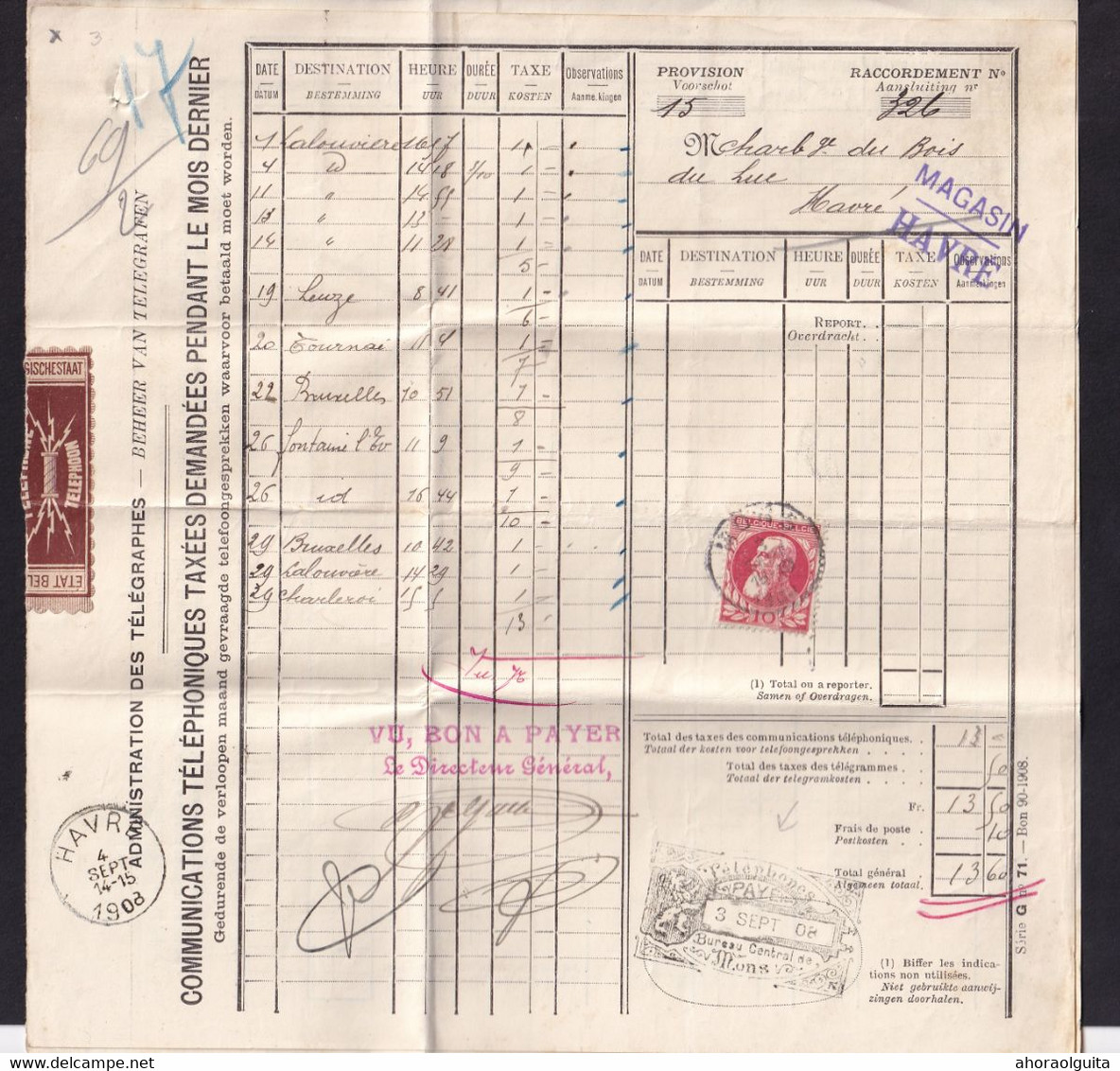 DDBB 397 - Relevé De Téléphones TP 74 MONS 1908 Vers HAVRE - Cachet Du Bureau Central Des Téléphones De MONS / PAYE. - Telefono [TE]