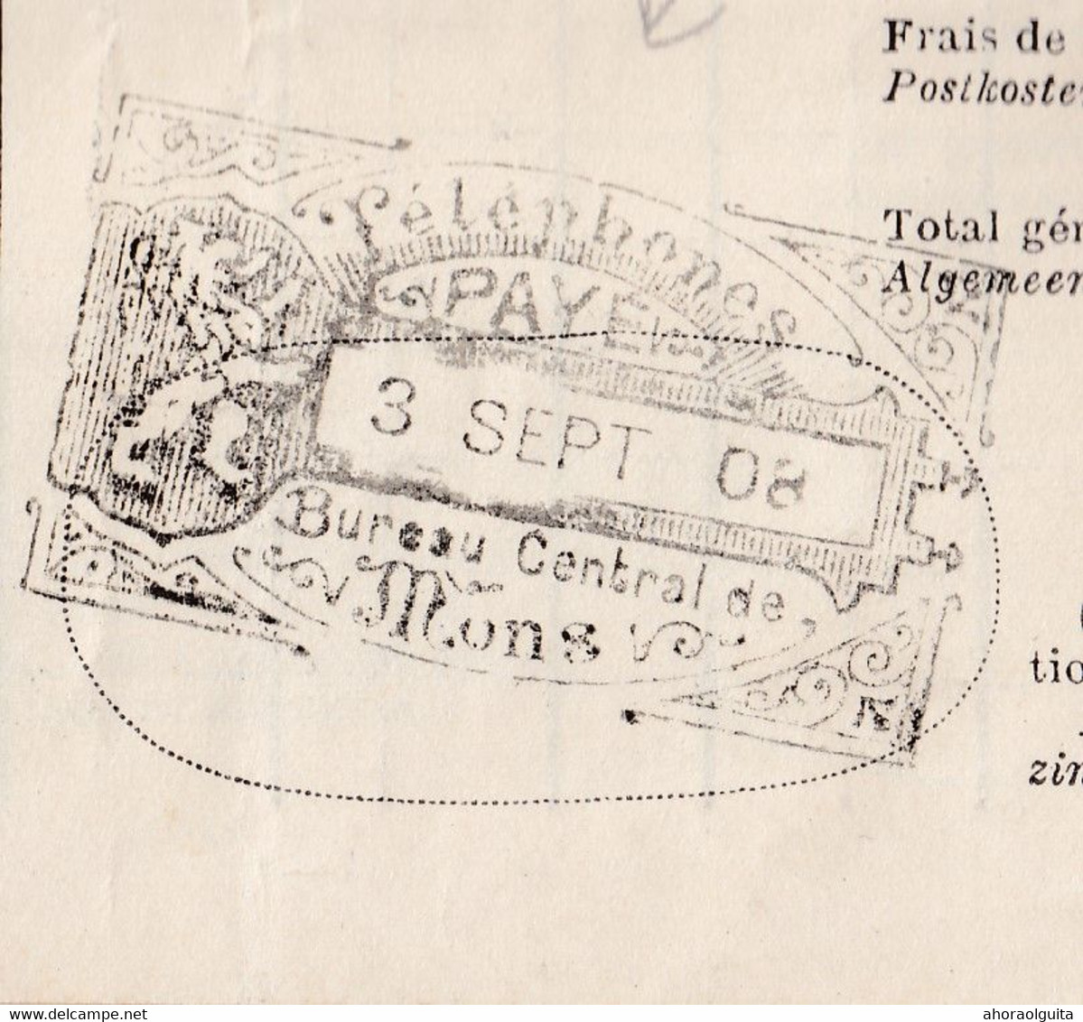 DDBB 397 - Relevé De Téléphones TP 74 MONS 1908 Vers HAVRE - Cachet Du Bureau Central Des Téléphones De MONS / PAYE. - Telephone [TE]