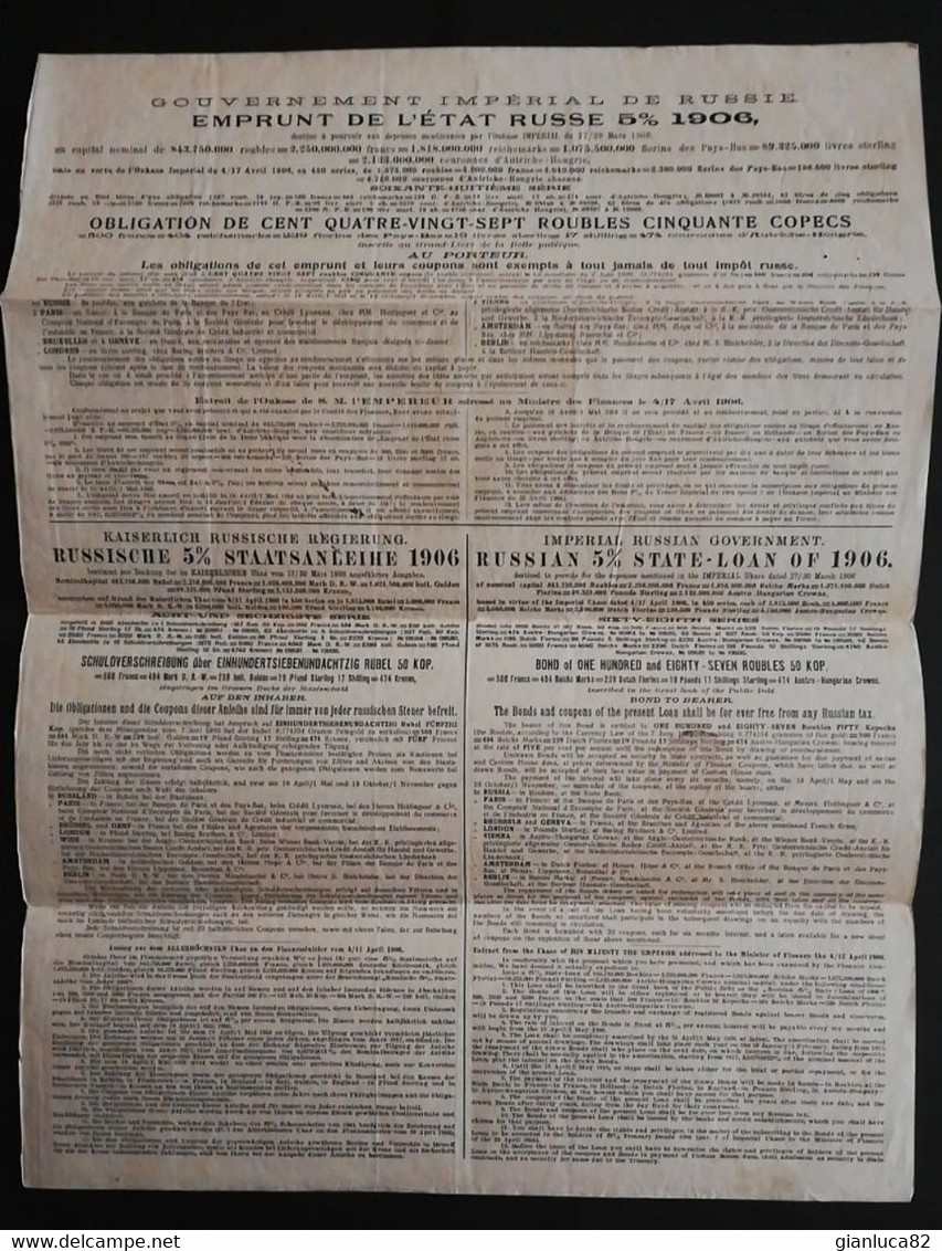 Bond 1906 Al 5% Antico Stato Imperiale Russia 187.50 Rubli  Come Da Foto Ripiegato Con Pieghe Tecniche 40,0 X 30,0 Cm - Russia