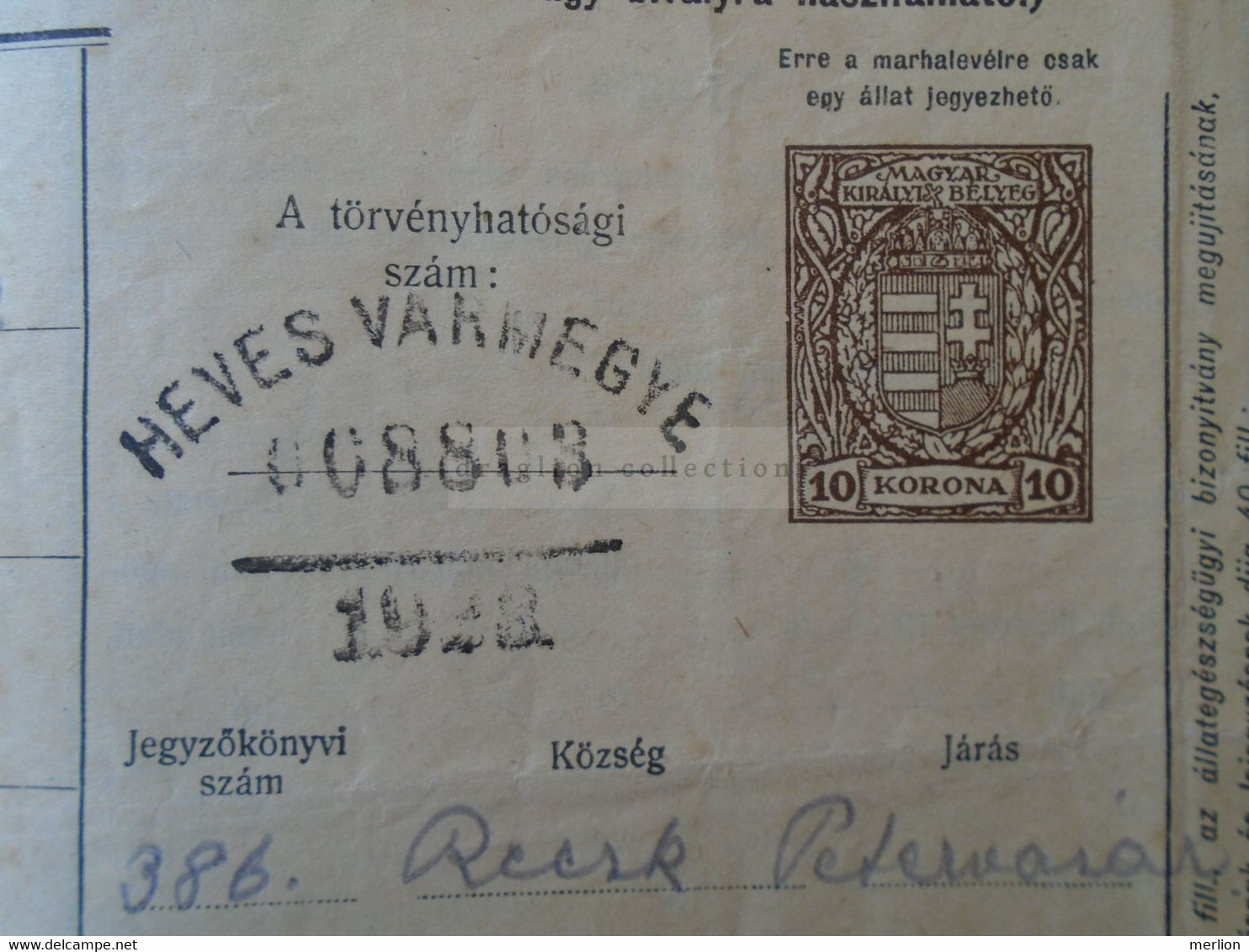 ZA323A2  Hungary  1923 Revenue Stamp   Recsk Heves M. 10  Korona Stationery   Vieh Pass Marhalevel Cattle Pass - Steuermarken