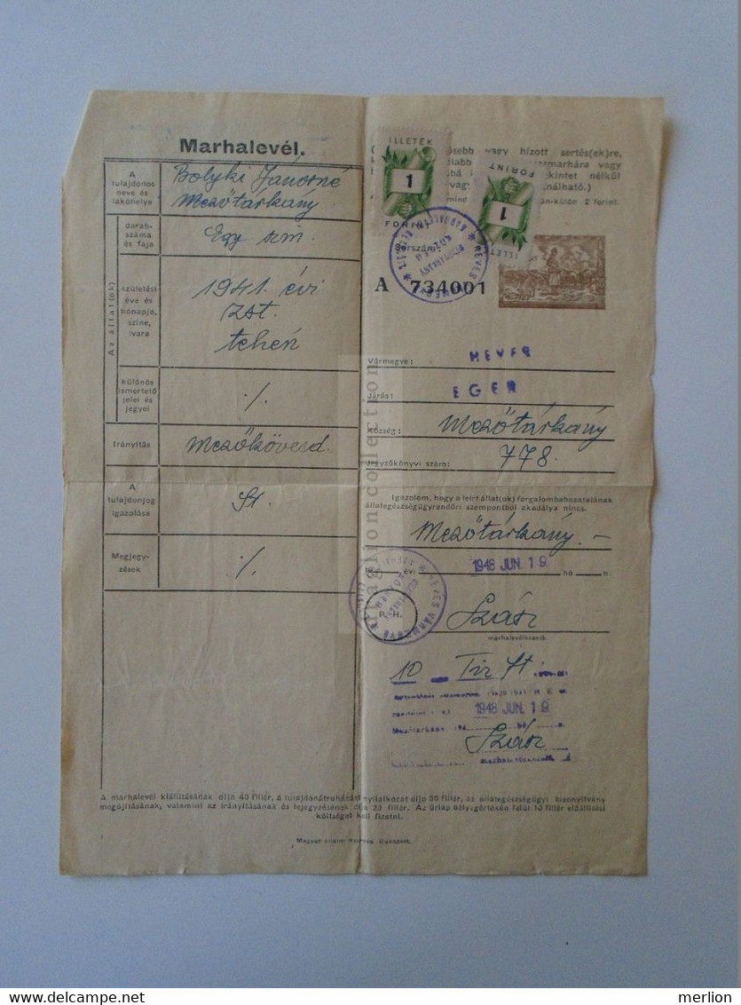 ZA323A4  Hungary  1948 Revenue Stamp Mezőtárkány 20 Forint  Stationery   Vieh Pass Marhalevel   Cattle Pass - Fiscales