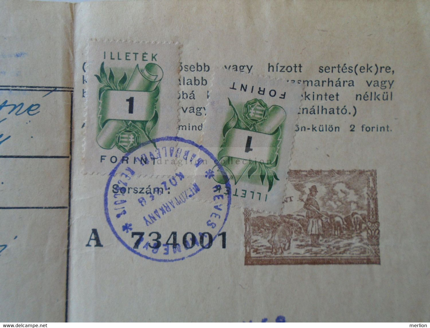 ZA323A4  Hungary  1948 Revenue Stamp Mezőtárkány 20 Forint  Stationery   Vieh Pass Marhalevel   Cattle Pass - Revenue Stamps