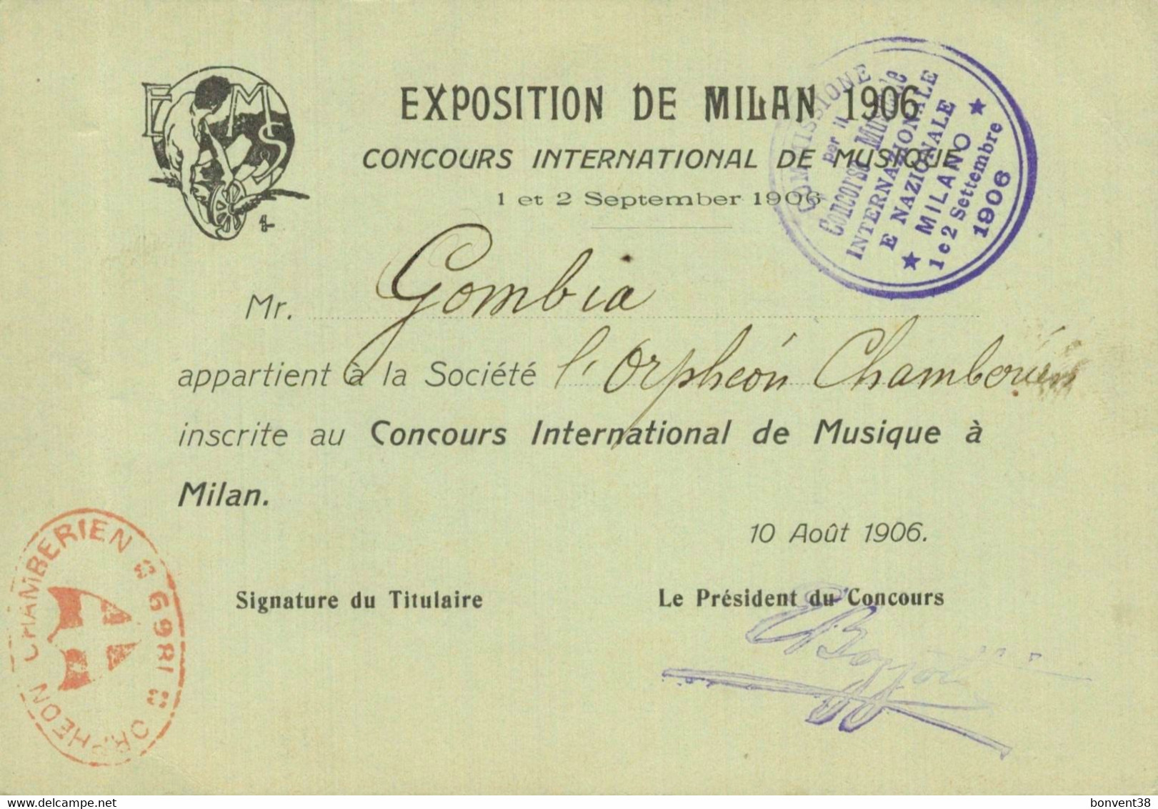 I2603 - Exposition De MILAN 1906 - Concours International De Musique - Compagnies Des Chemins De Fer - Europe