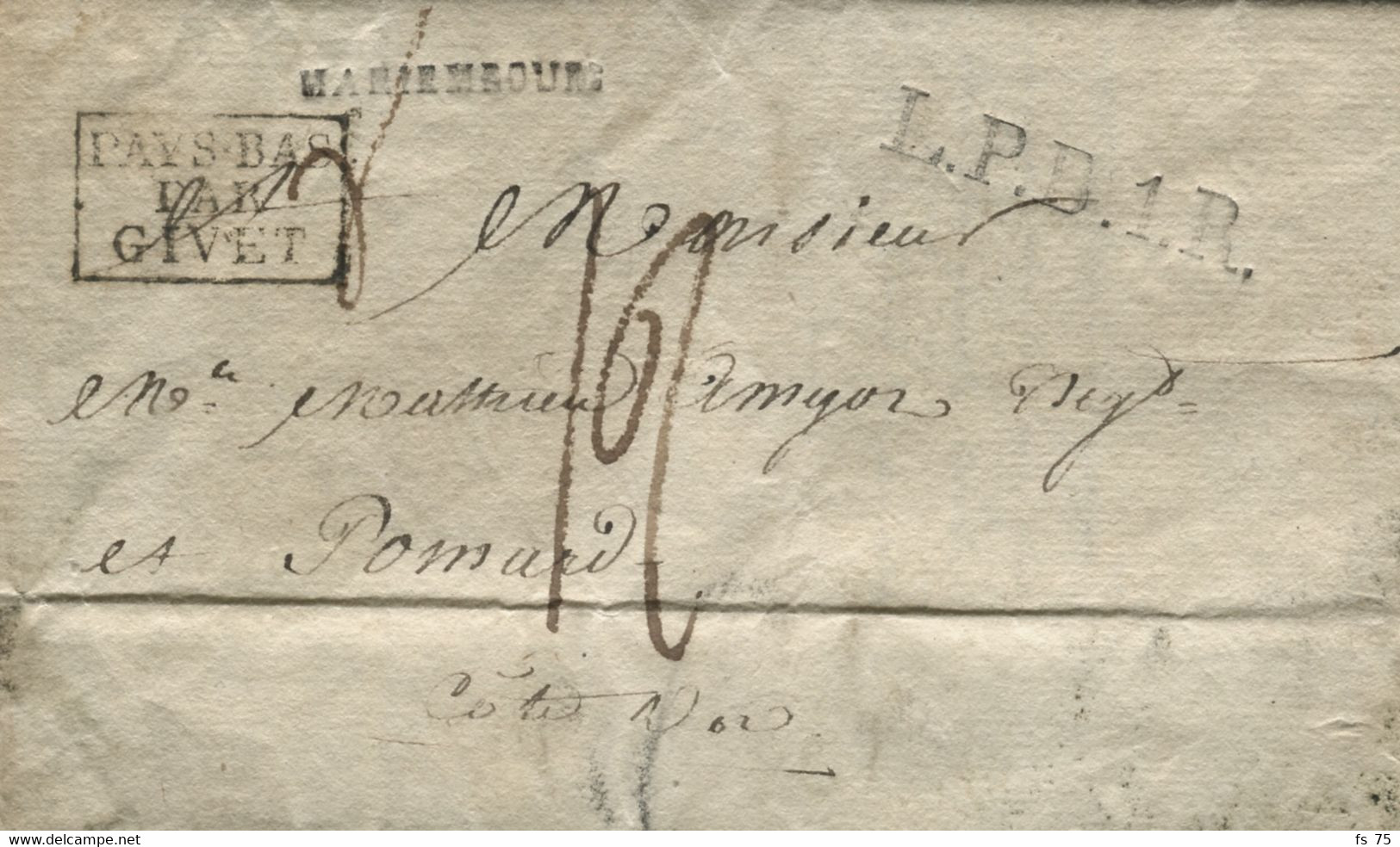 BELGIQUE - MARIEMBOURG + L.P.B.R. 1 + PAYS-BAS PAR GIVET SUR LETTRE AVEC CORRESPONDANCE DE FRASNES POUR LA FRANCE, 1818 - 1815-1830 (Dutch Period)