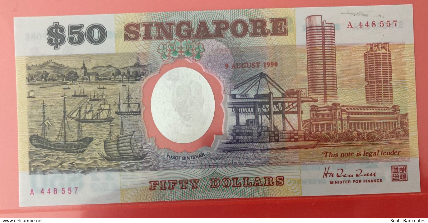 The Singapore Commemorative Polymer 50 Dollar Banknote, 4 August 1990, Serial A 448557 - Singapore