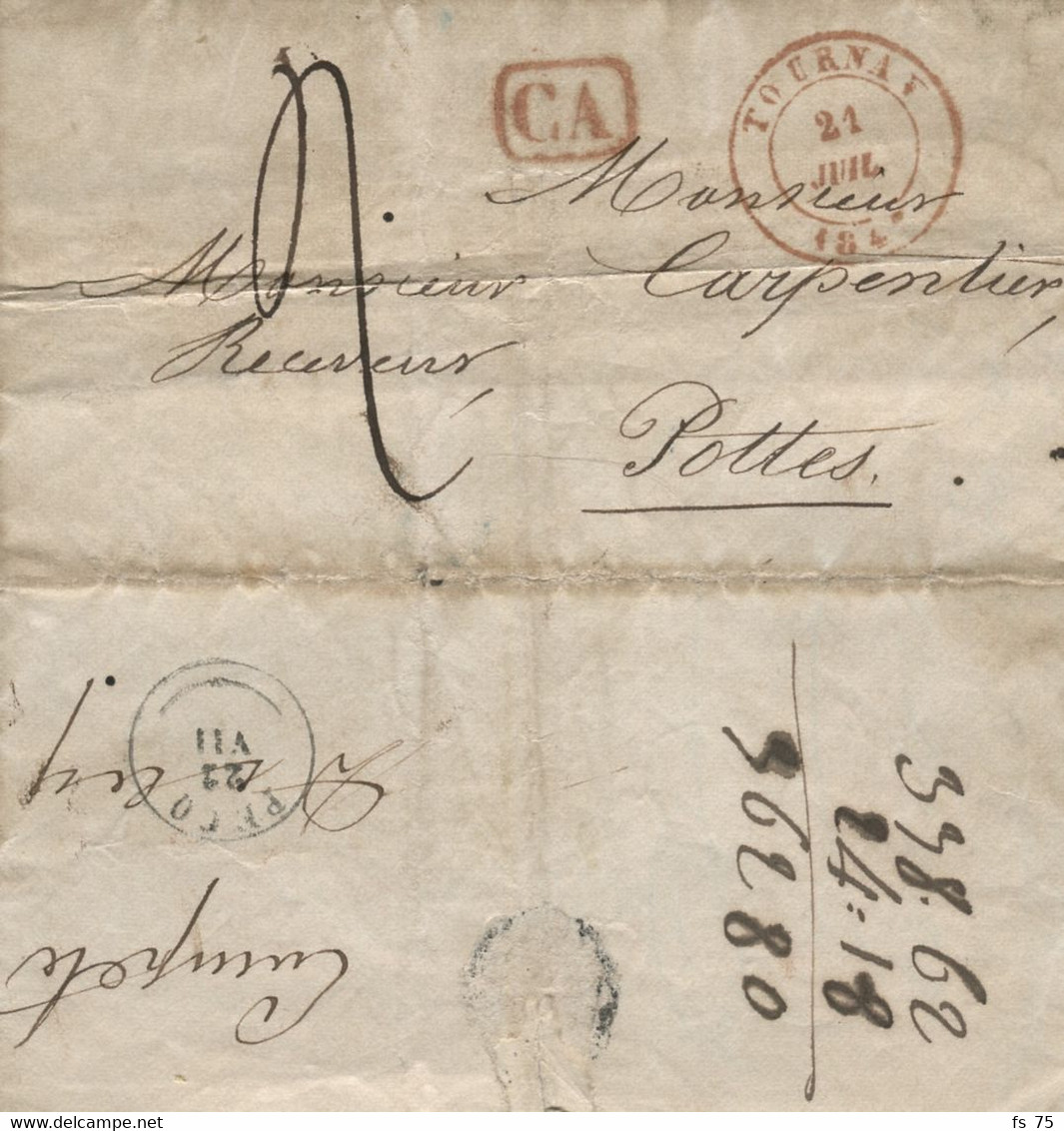 BELGIQUE - TOURNAY + CA SUR LETTRE AVEC CORRESPONDANCE POUR POTTES, 1847 - 1830-1849 (Belgique Indépendante)