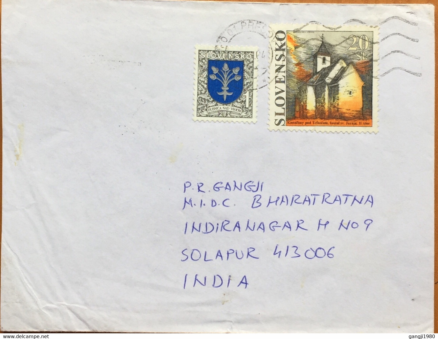 SLOVAKIA 2004, USED COVER TO INDIA,2 STAMPS ,ART, PAINTING,CHURCH,BUILDING,ARCHITECTURE,COAT OF ARM,GEOMETRY - Storia Postale