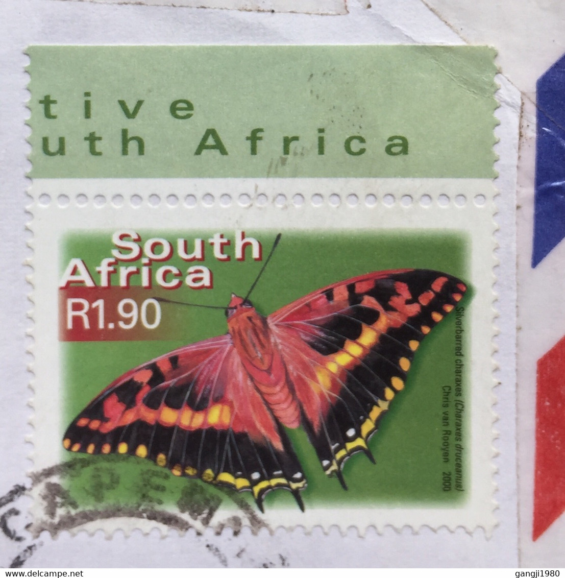 SOUTH AFRICA AIRMAIL USED COVER TO INDIA,2 STAMPS ,BUTTERFLY, POSTMAN ,CAPE TOWN CANCELLATION - Cartas & Documentos