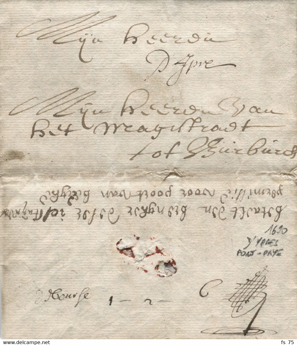 BELGIQUE - D'YPRES MANUSCRIT + PORT PAYE SUR LETTRE AVEC CORRESPONDANCE, 1690 - 1621-1713 (Spanische Niederlande)