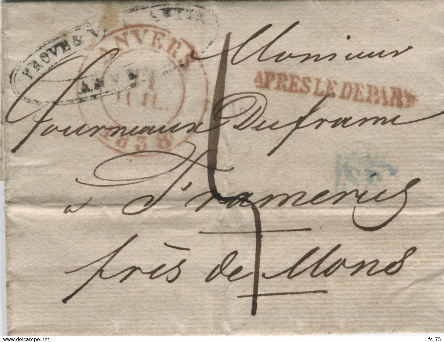 BELGIQUE - ANVERS + APRES LE DEPART SUR LETTRE SANS CORRESPONDANCE, 1838 - 1830-1849 (Belgique Indépendante)