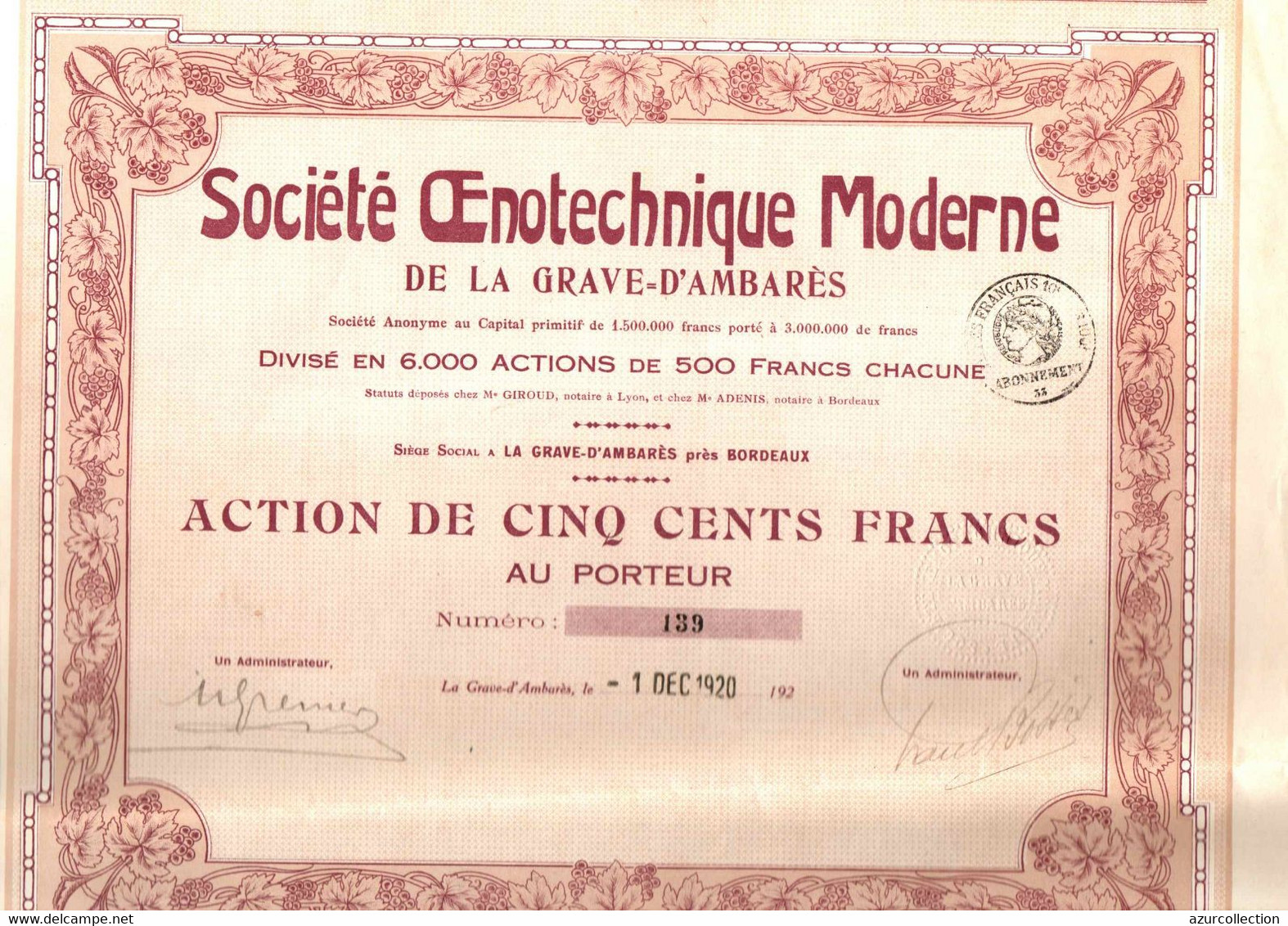 SOCITE OENOTECHNIQUE . LA GRAVE D'AMBARES - Agriculture