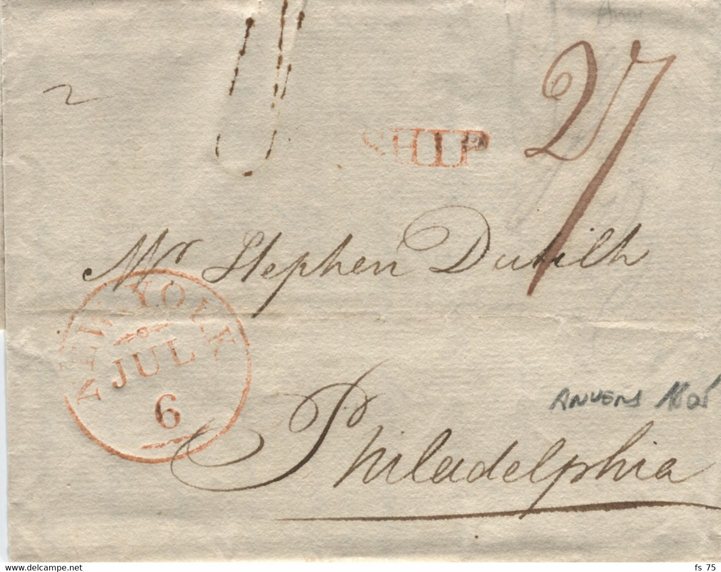 BELGIQUE - NEW YORK + SHIP ROUGE + TAXE MANUSCRITE 27 SUR LETTRE D'ANVERS POUR PHILADELPHIE, 1805 - 1794-1814 (French Period)